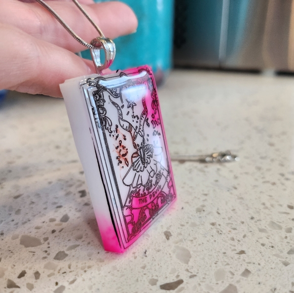 Handmade The Dev*l Tarot Card Pink and White Tie Dye Effect Pendant Necklace - Picture 5 of 7